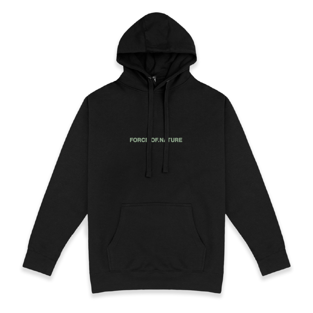 Front view unisex Black hoodie with 'FORCE OF NATURE' text on a white background