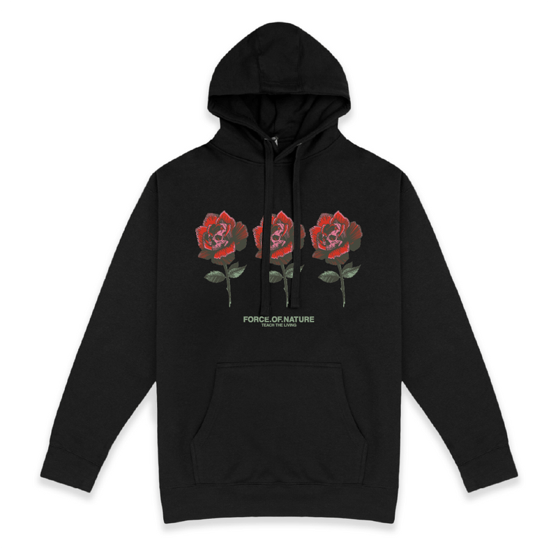 Front view of a unisex black hoodie with three red rose graphic and 'Force of Nature' text on a white background