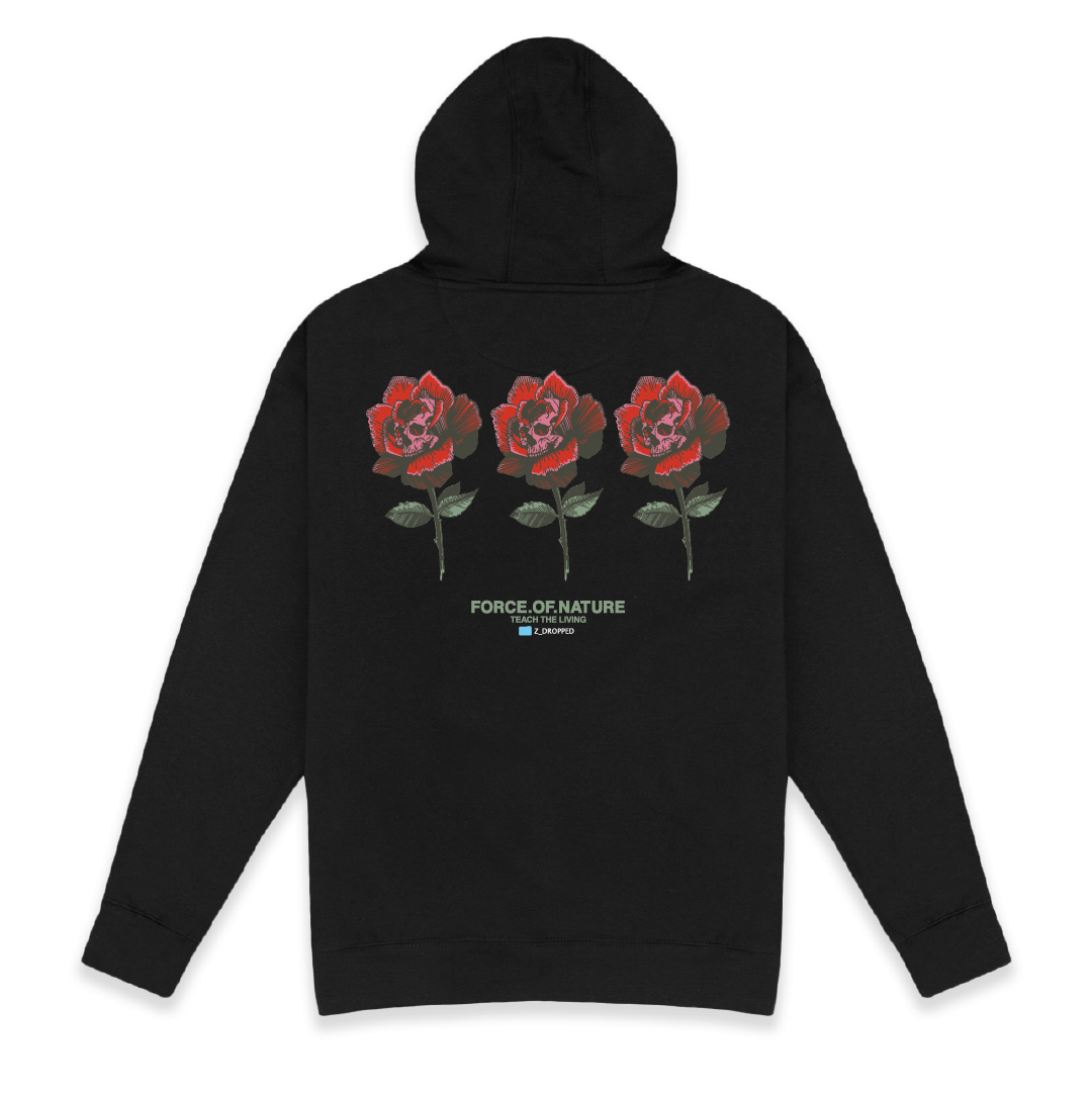 Rear view of a unisex black hoodie with three red rose graphic and 'Force of Nature' text on a white background