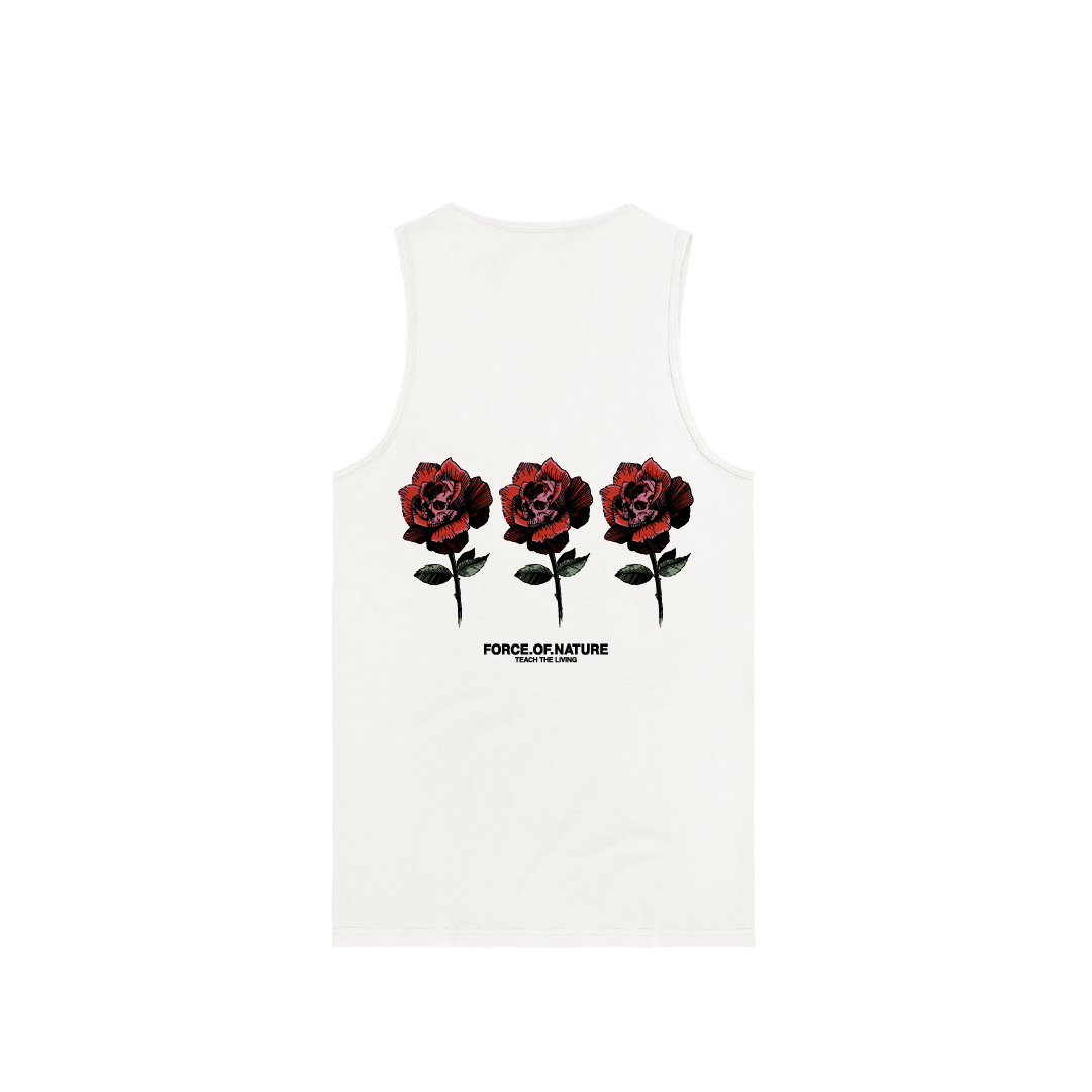 White tank top with red roses and 'FORCE OF NATURE' text on a white background