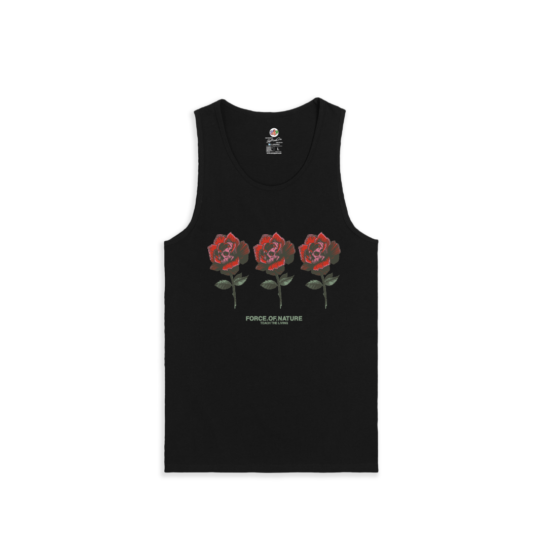 Black tank top with red roses and 'Force of Nature' text on a white background