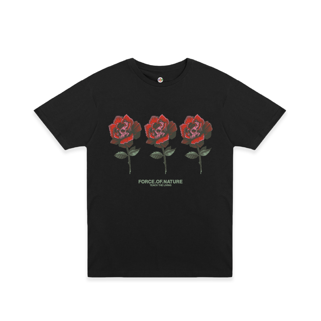 Black t-shirt with three red roses and 'Force of Nature' text on a white background