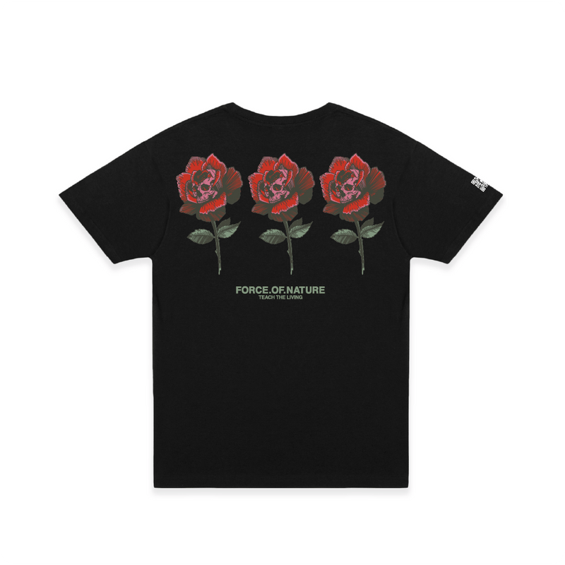 Black t-shirt with three red rose design and 'Force of Nature' text on a white background