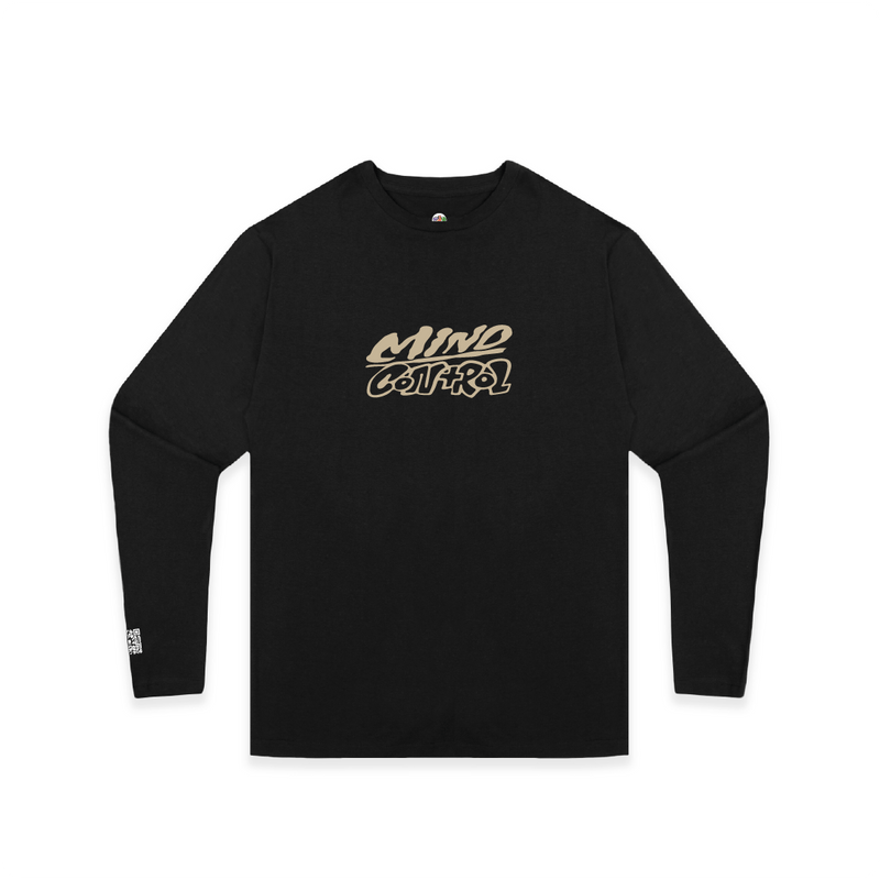 Front view of a unisex Black long-sleeve shirt with gold Mind Control logo on a white background