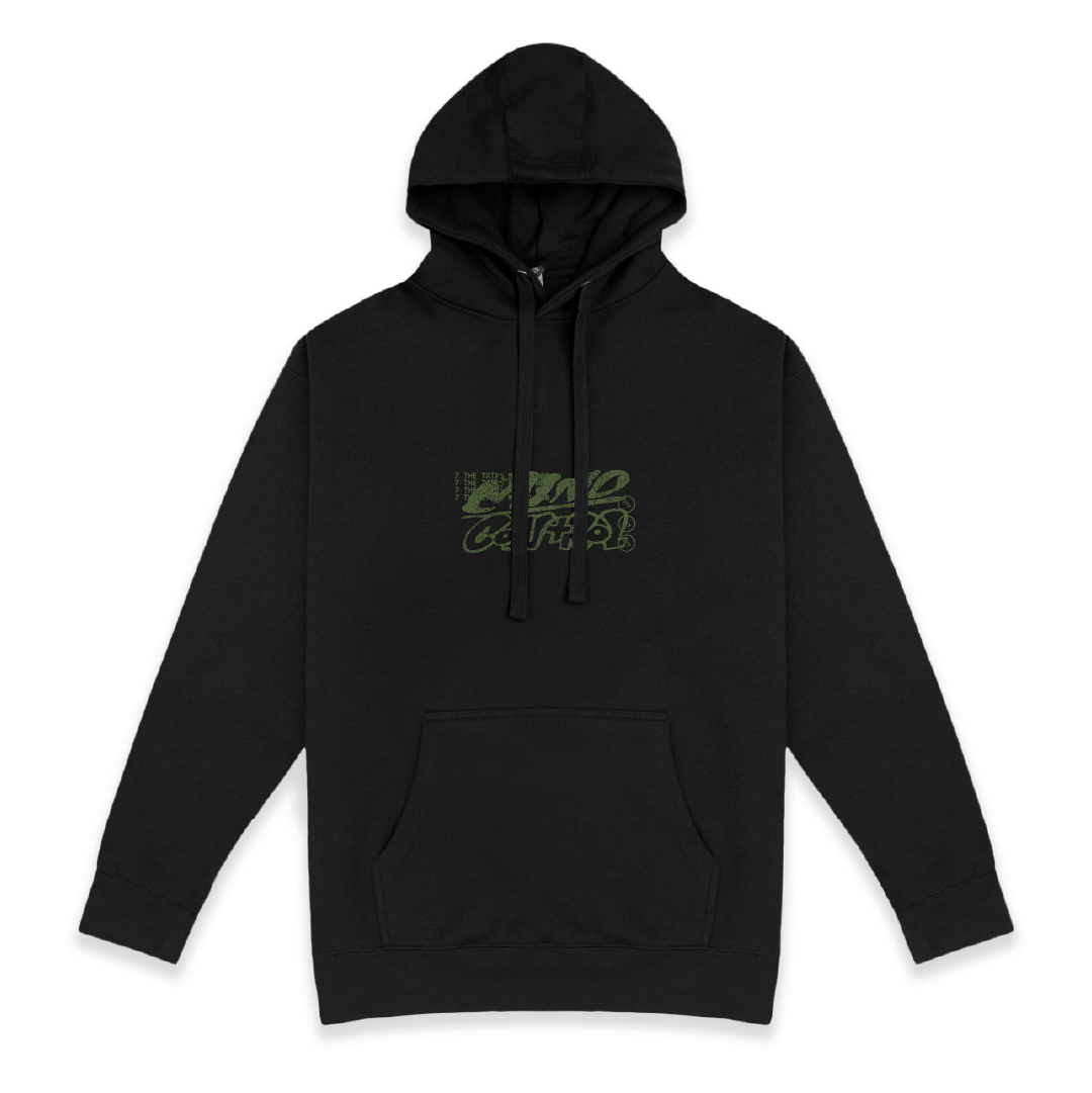 Front view of a unisex Black hoodie with green 'Mind Control' text on a white background