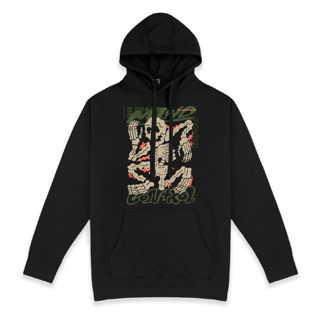 Front view of a unisex black hoodie with a skeleton graphic and green mind control text on a white background