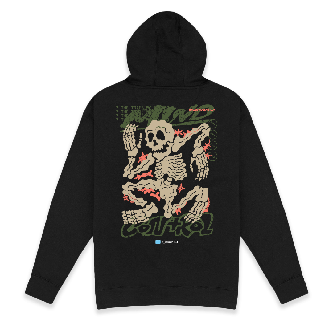 Rear view of a unisex black hoodie with skeleton design on the back against a white background