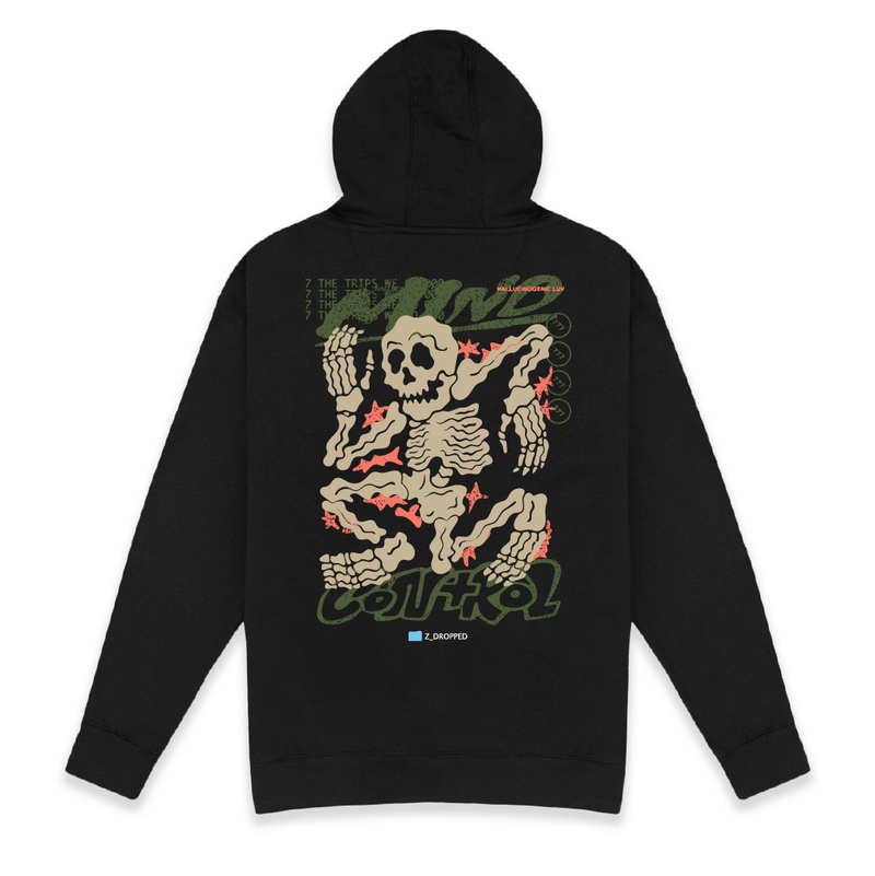 Rear view of a unisex black hoodie with skeleton design on the back against a white background