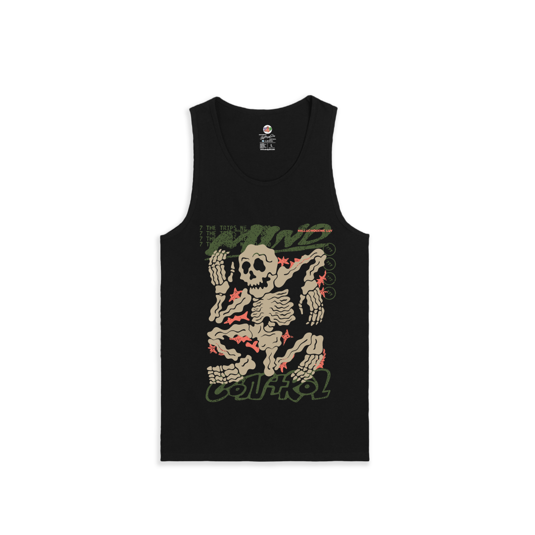 Front view of a unisex black tank top with skeleton design and 'Mind Control' text on a white background
