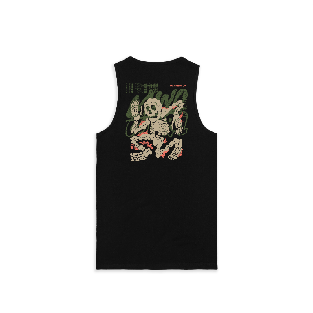 Rear view of a unisex black tank top with skeleton design and 'Mind Control' text on a white background