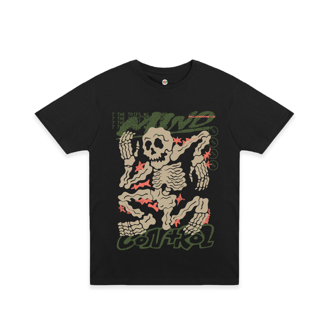 Front view of a unisex black t-shirt with skeleton design and 'Mind Control' text on a white background