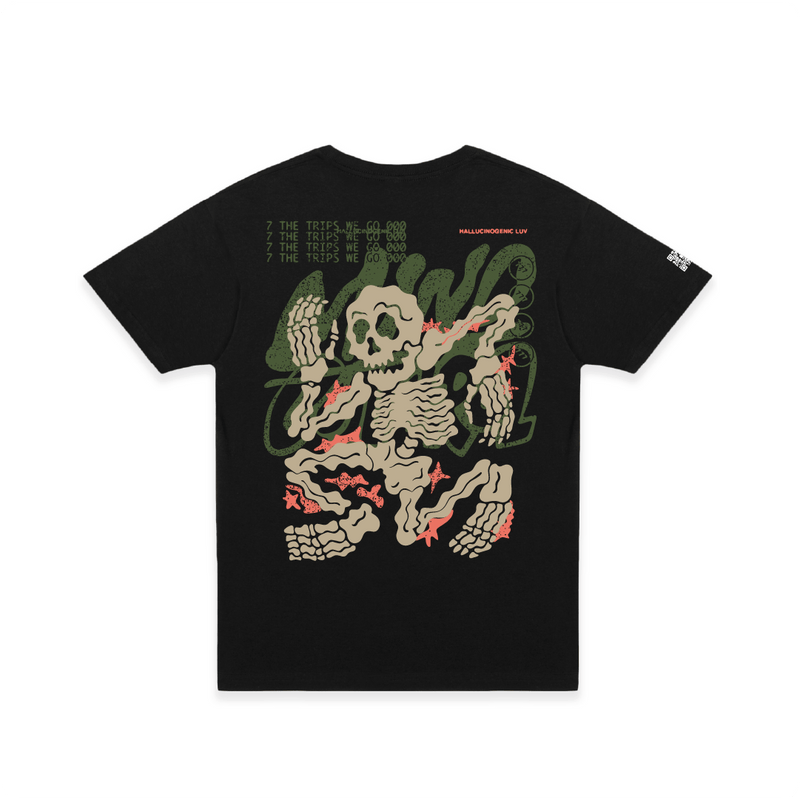 Rear view of  unisex black t-shirt with a skeleton design on a white background