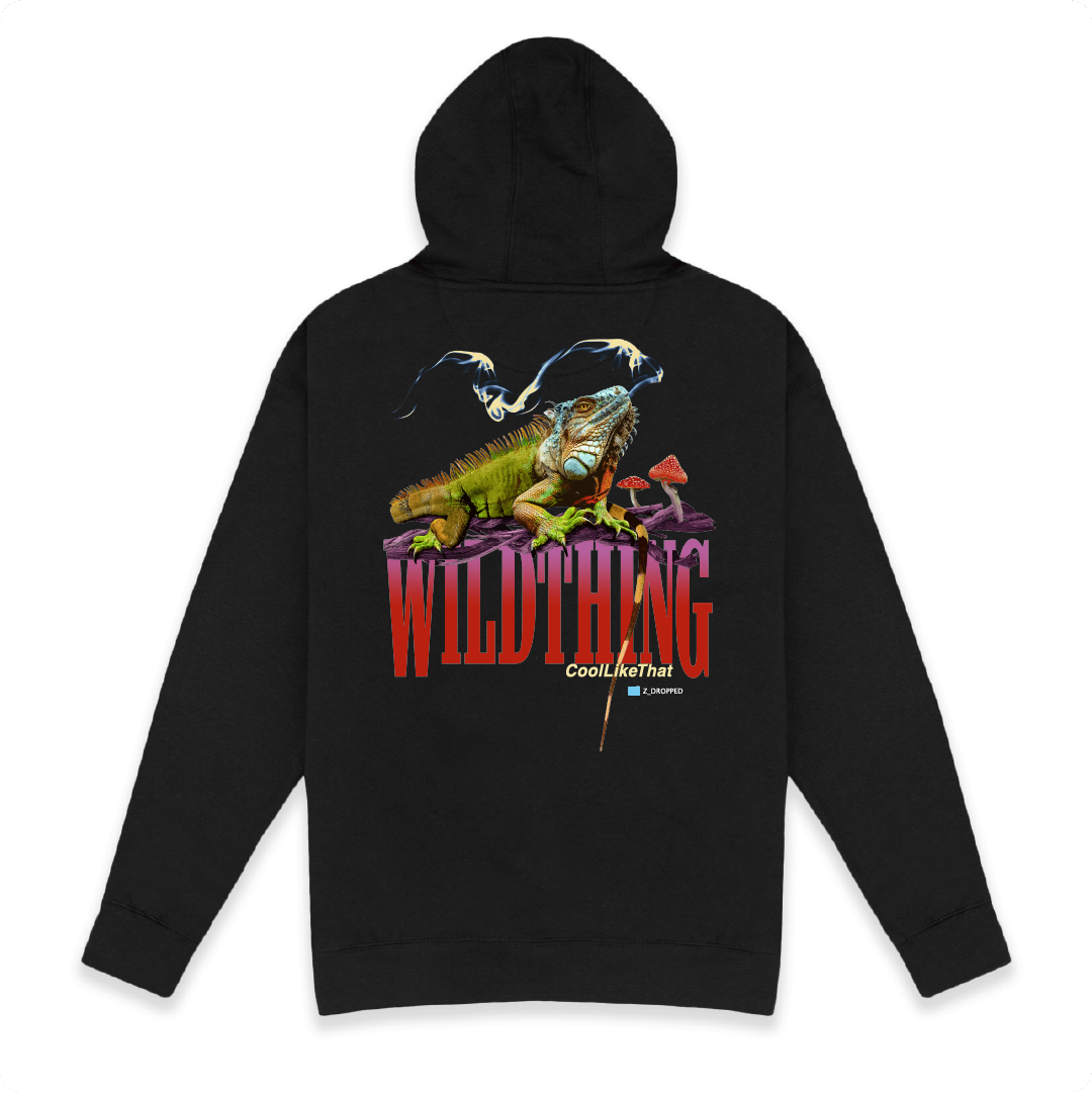 Rear view of a unisex black hoodie with an iguana smoking weed with red WILD THING text on the front on a white background