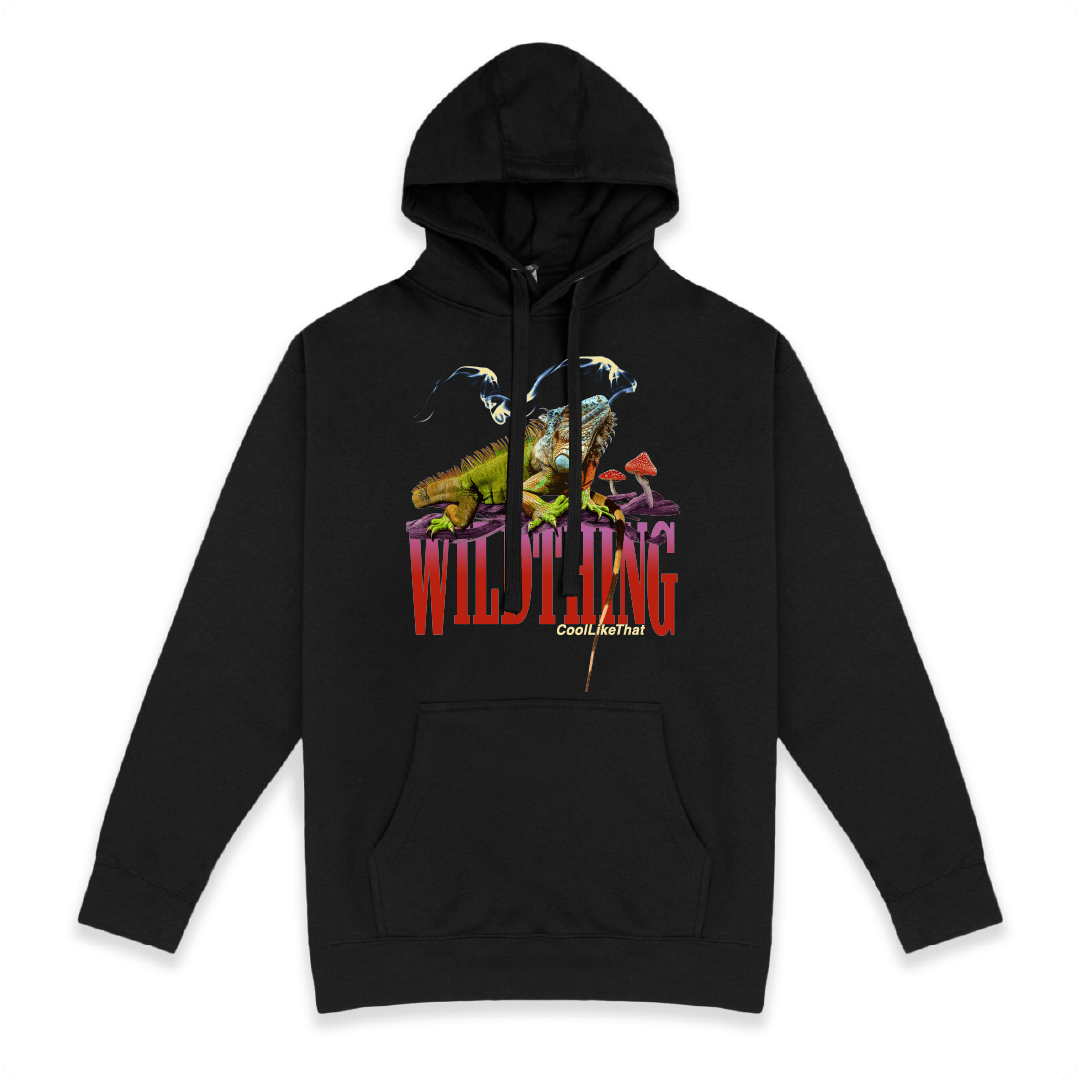 Front view of a unisex black hoodie with an iguana smoking weed with red WILD THING text on the front on a white background
