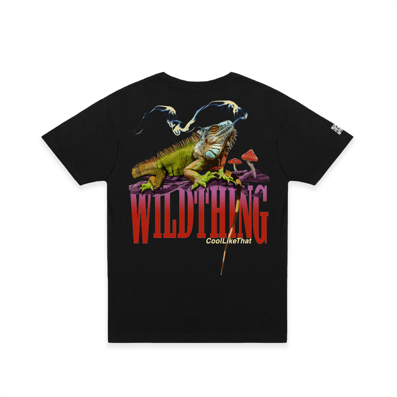 Rear view of a unisex black t-shirt with an iguana lizard smoking a joint on a large red 'WILDTHING' text with magic mushrooms. 