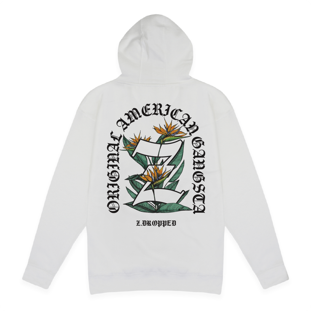 Rear view of a white hoodie with a Z floral design and black Original American Gangster text on the back against a white background