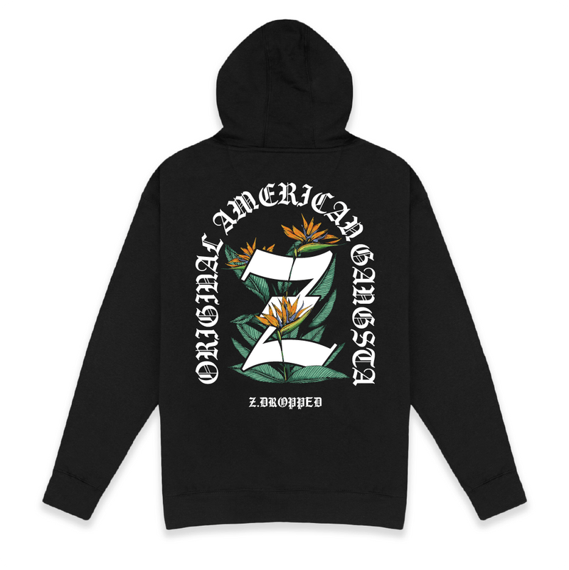 Rear view of a unisex black hoodie with a Z floral design and Original American Gangster text on the back against a white background
