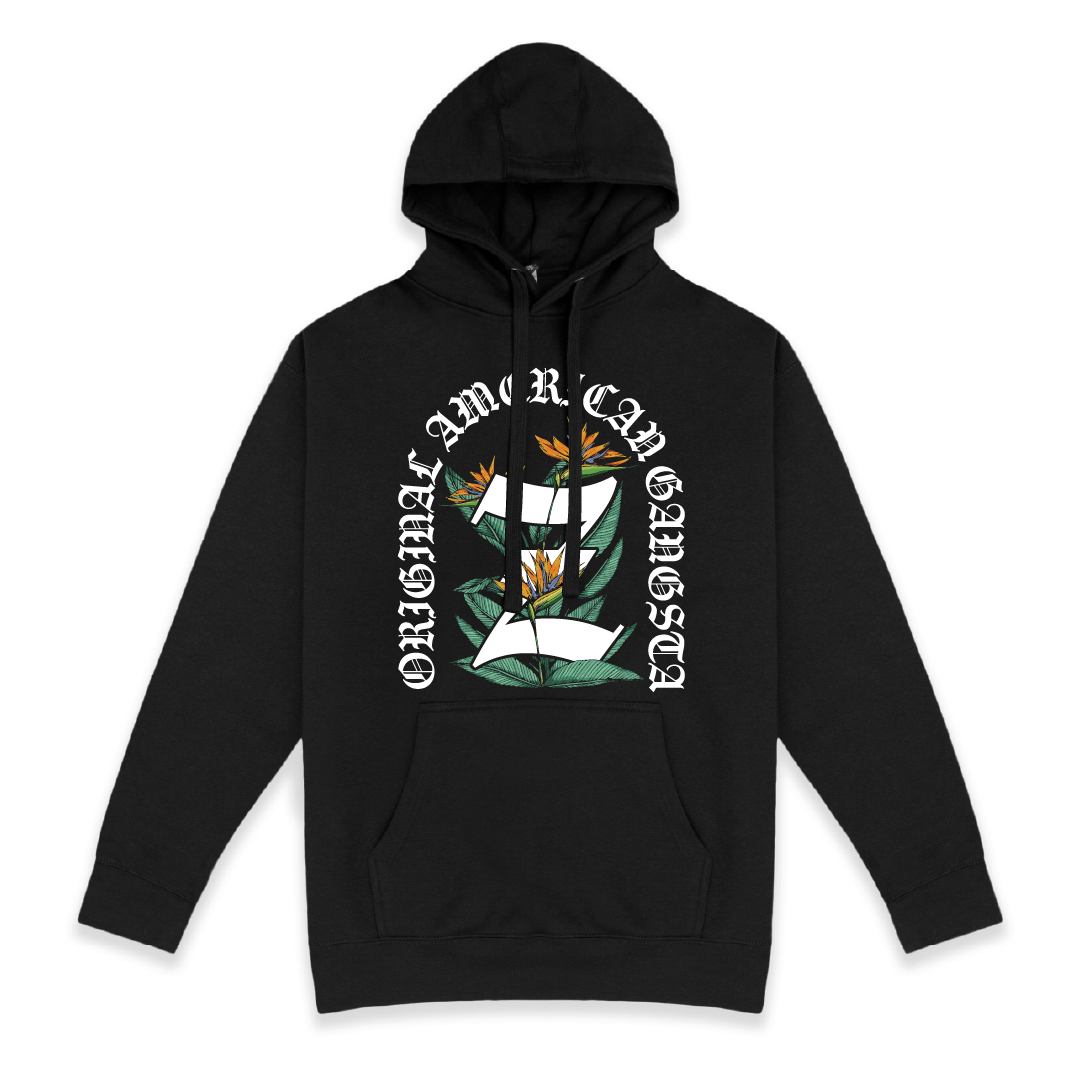 Front view of a black hoodie with a Z floral design and white Original American Gangster text on the front against a white background