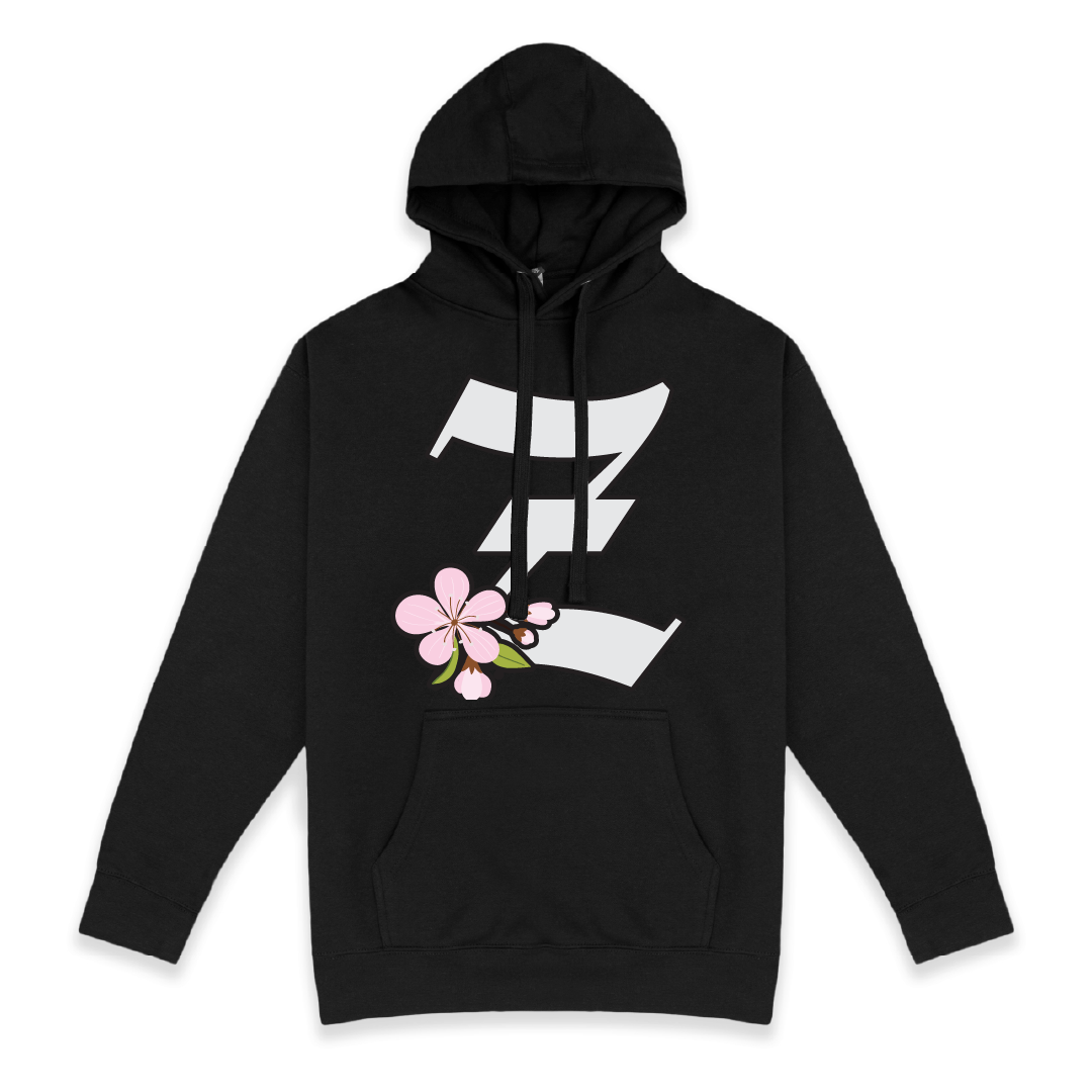 Front view of a black hoodie with a large Z logo with a cherry blossom on the chest against a white background