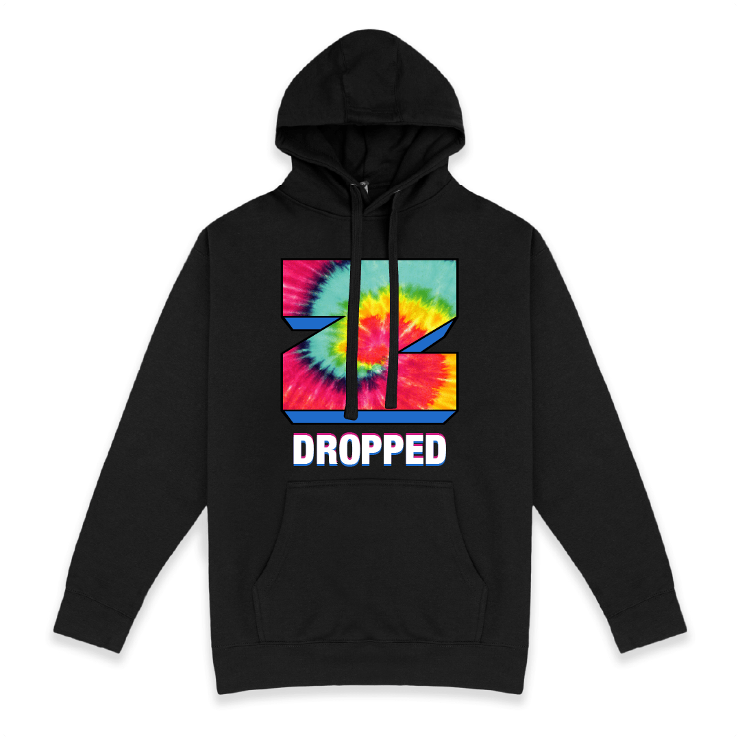 Front view of a black hoodie with tie-dye Z graphic and 'DROPPED' text on a white background