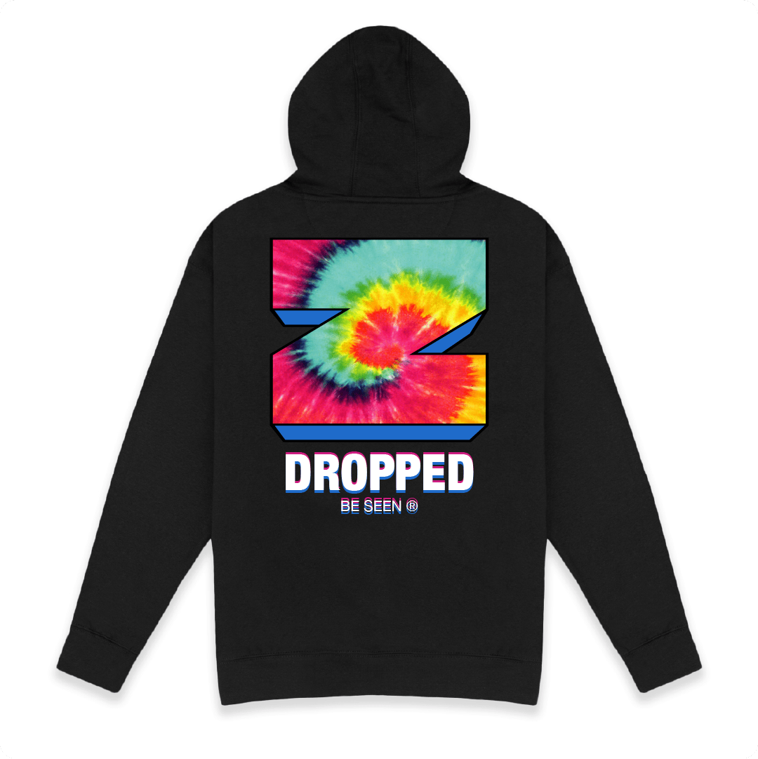 Rear view of a black hoodie with tie-dye Z design and 'Dropped Be Seen' text on the back