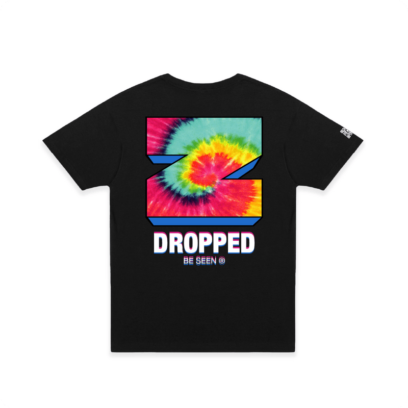 Black t-shirt with tie-dye design and 'Dropped Be Seen' text on a white background