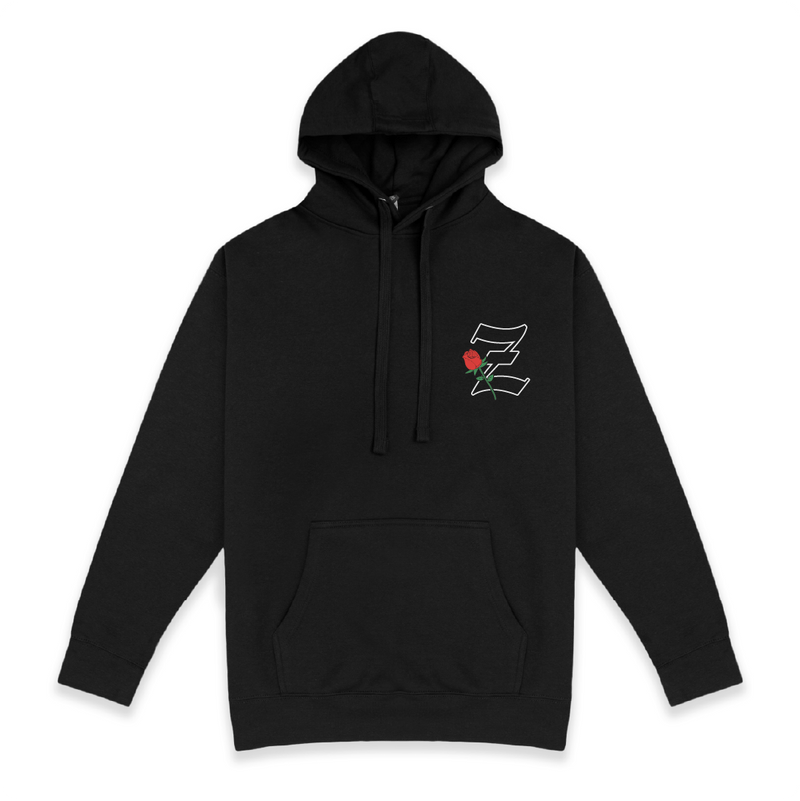 Front view of a black hoodie with a Z logo and rose on the chest against a white background