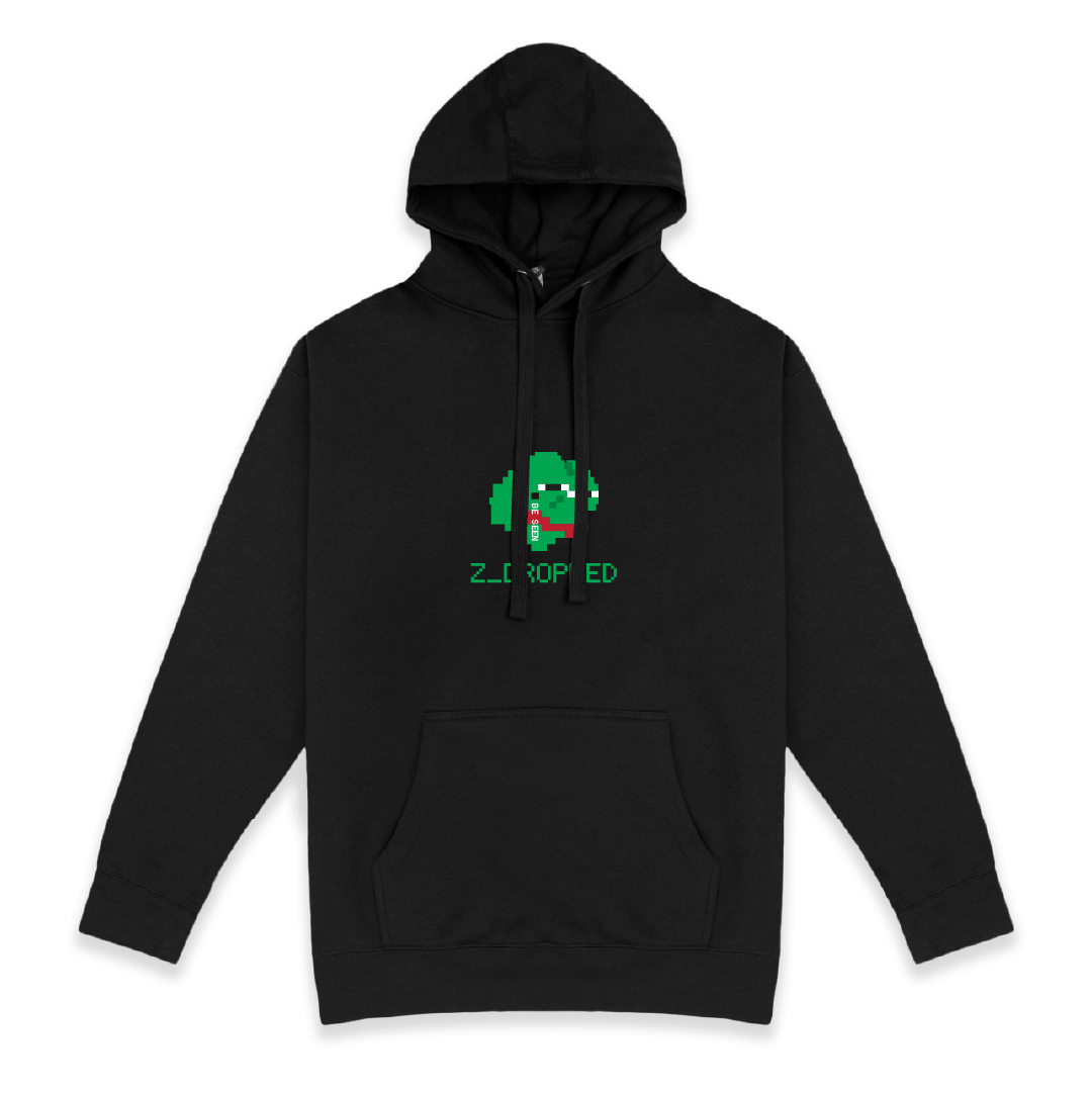 Front view of a black unisex pullover hoodie with a Zepé logo graphic which is a pixelated sad green frog meme on the front, designed in retro 8-bit style, on a white
 background.