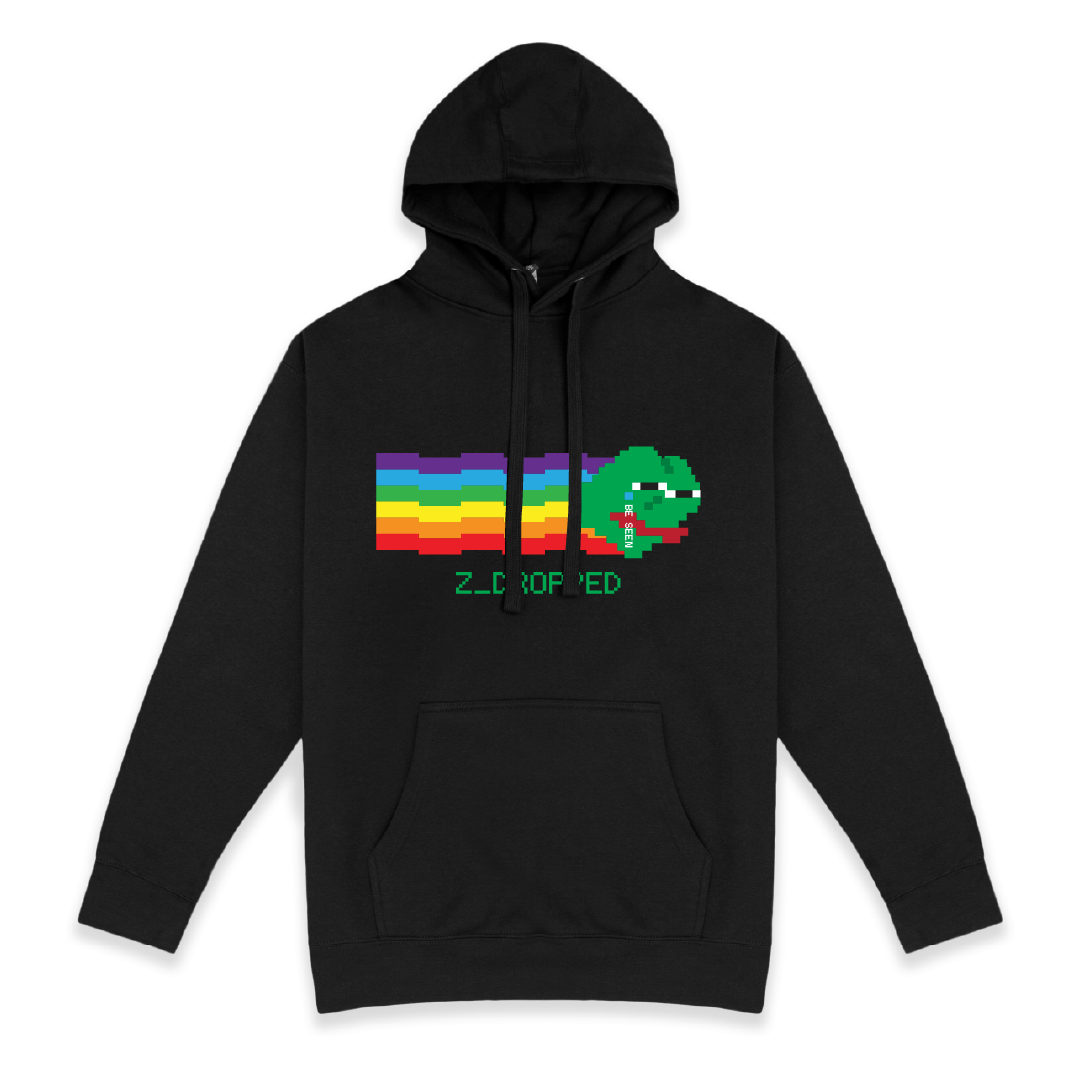 Front view of a black unisex pullover hoodie with a Zepé logo graphic which is a pixelated sad green frog meme with a rainbow on a white background.
