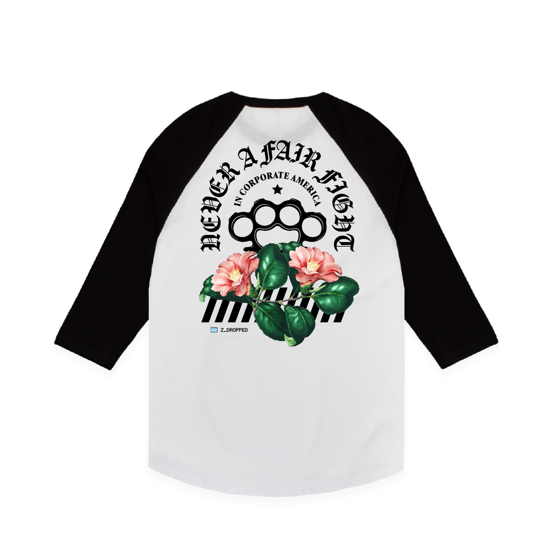 Z_DROPPED - Mens, Unisex - Black / White - Fair Fight Raglan. - By: Chi Hom