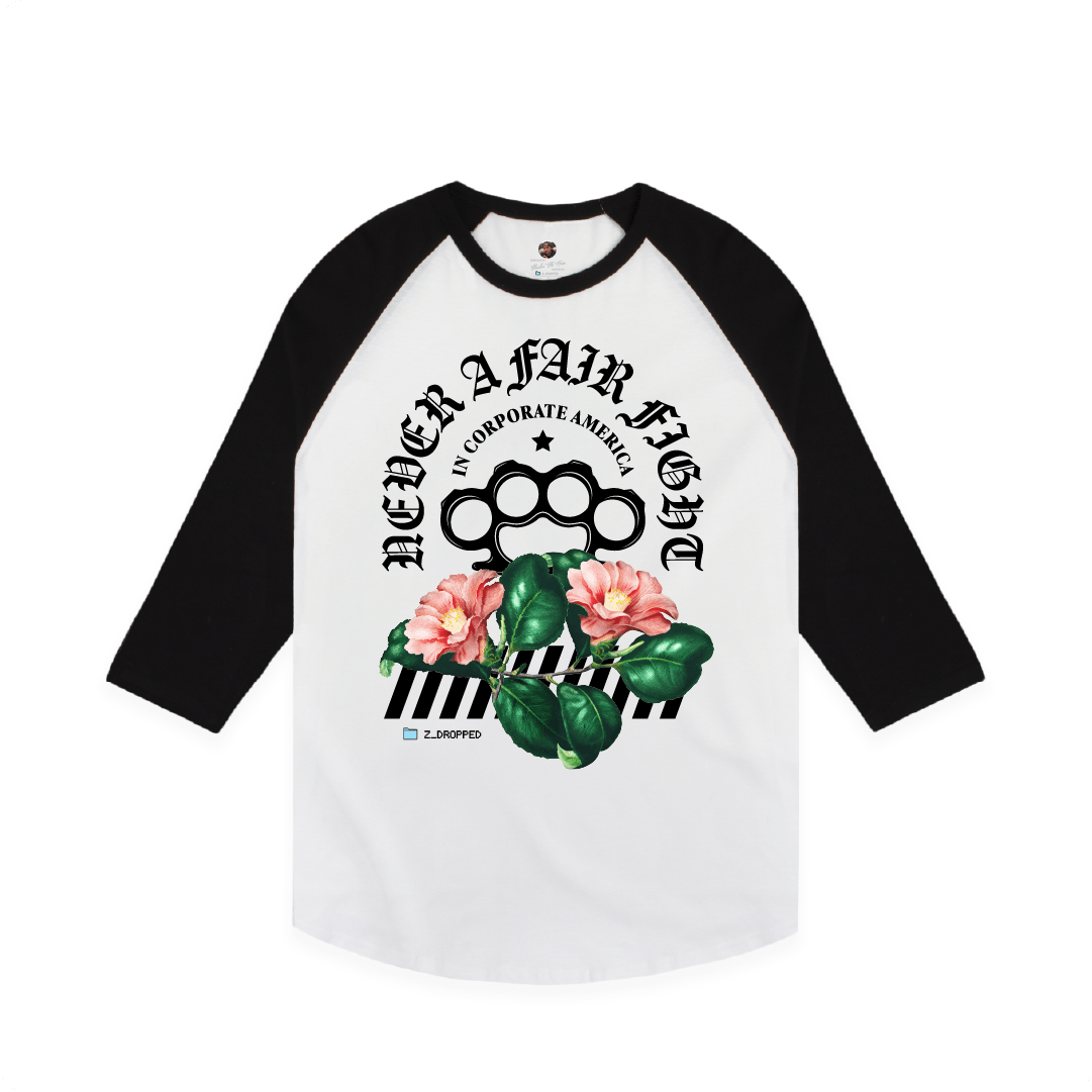 Z_DROPPED - Mens, Unisex - Black / White - Fair Fight Raglan. - By: Chi Hom