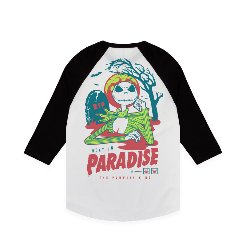 Rear view of a baseball shirt with skeleton design and 'Best in Paradise' text on a white background
