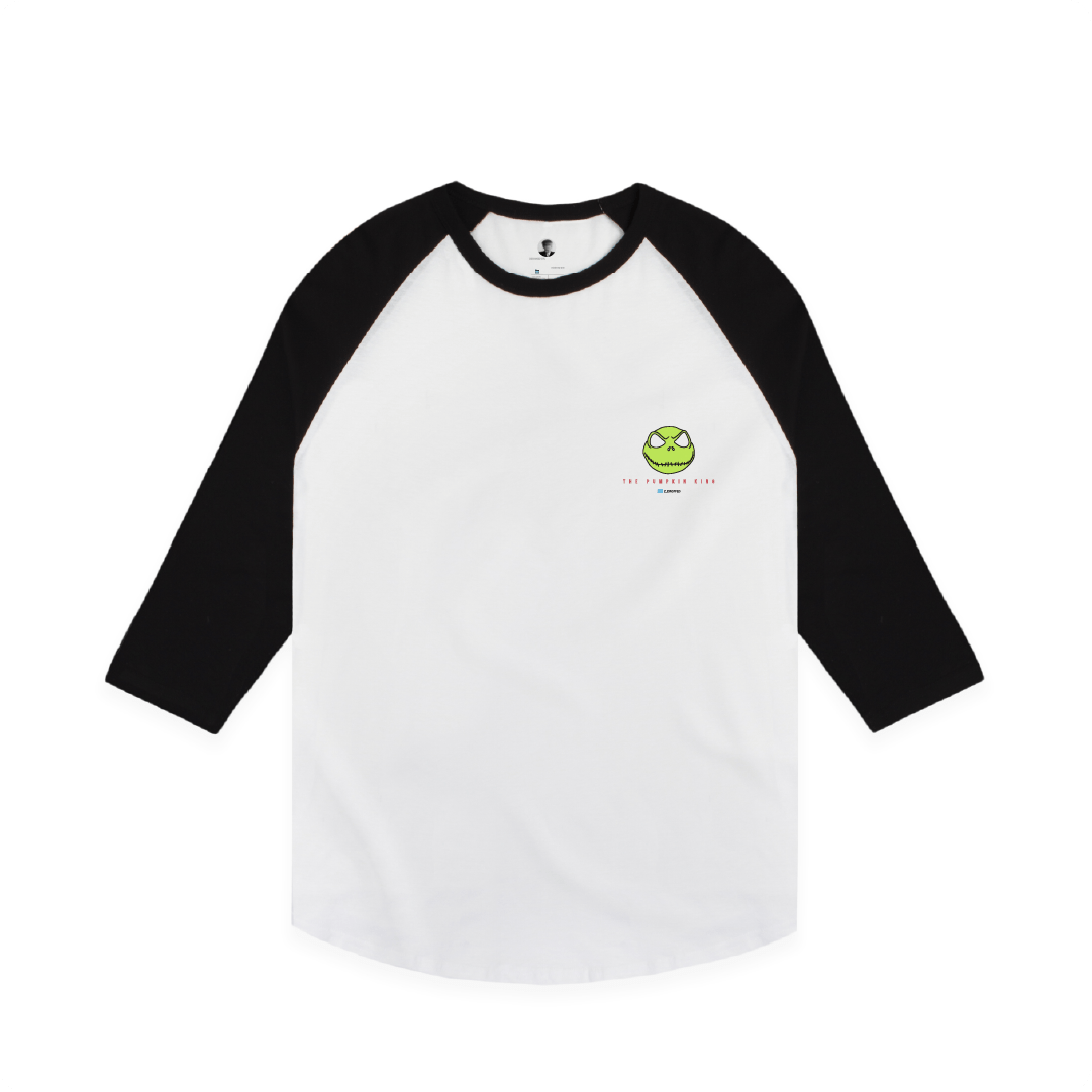 Front view of a white baseball shirt with black sleeves featuring a neon skull on a white background