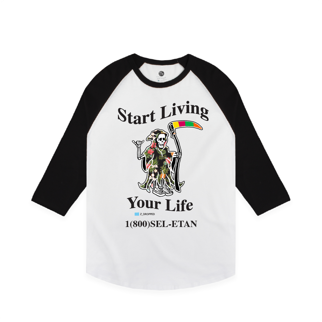 Black and white baseball shirt with a skeleton grim reaper graphic and black start living your life text on a white background