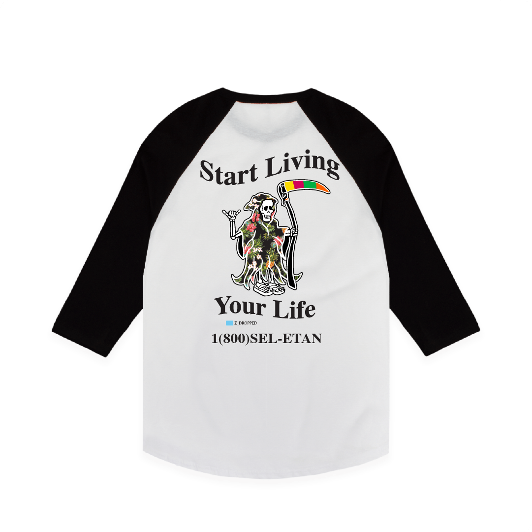 White baseball shirt with black sleeves featuring a graphic skeleton grim reaper and black text on a white background