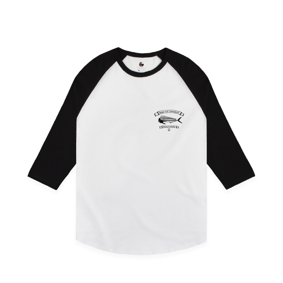 Z_DROPPED - Mens, Unisex - Black / White - Mahi Bones Raglan. - By: Jose Hurtado