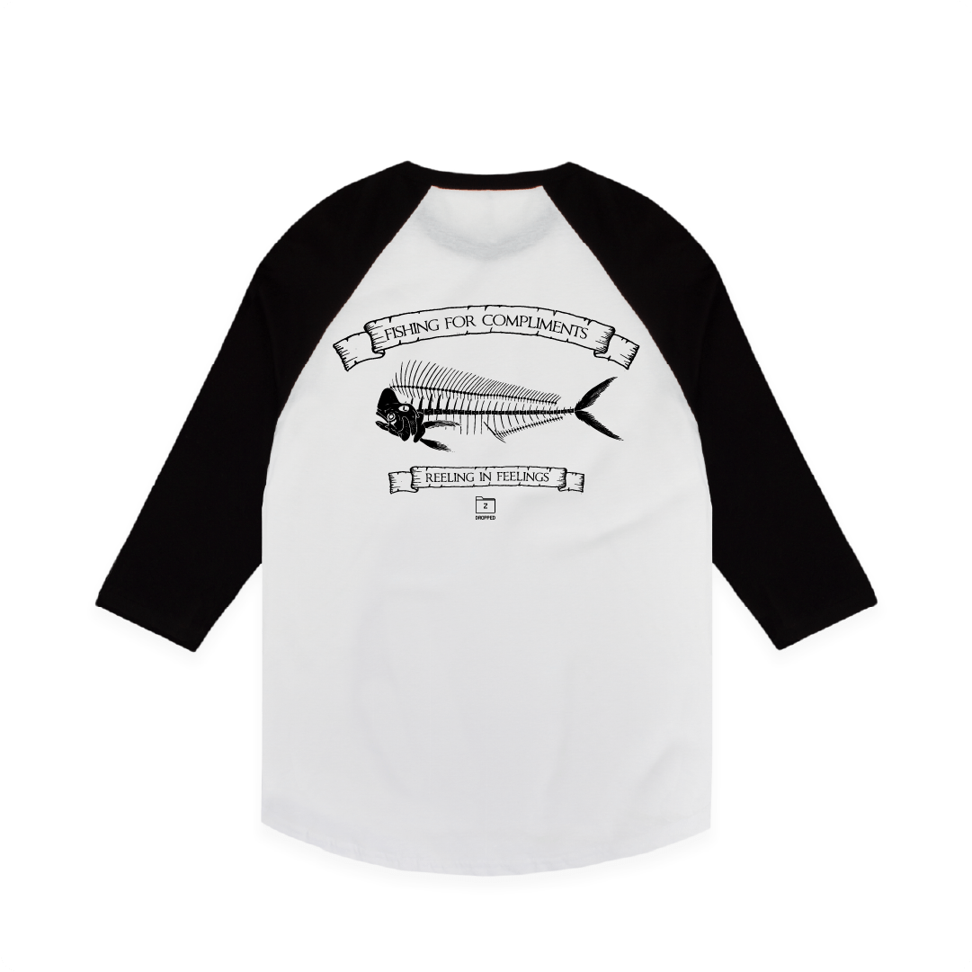 Z_DROPPED - Mens, Unisex - Black / White - Mahi Bones Raglan. - By: Jose Hurtado
