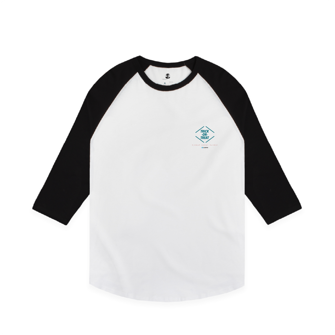 White baseball shirt with a small blue graphic on the chest and black sleeves on a white background