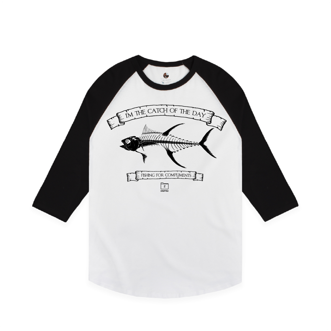 Z_DROPPED - Mens, Unisex - Black / White - Tuna Bones Raglan. - By: Jose Hurtado