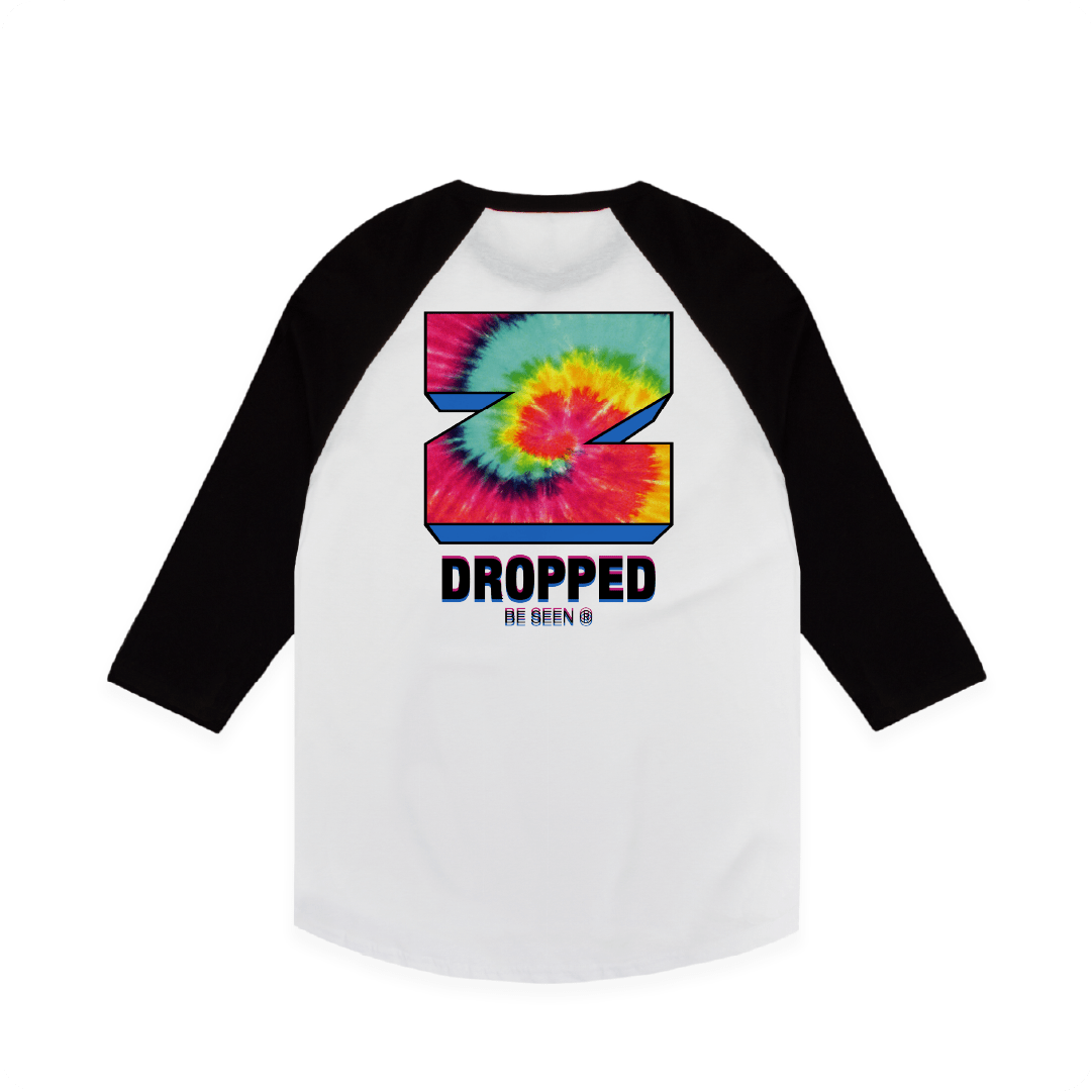 Rear view of a unisex baseball shirt with a large Z in tie-dye design on a white background