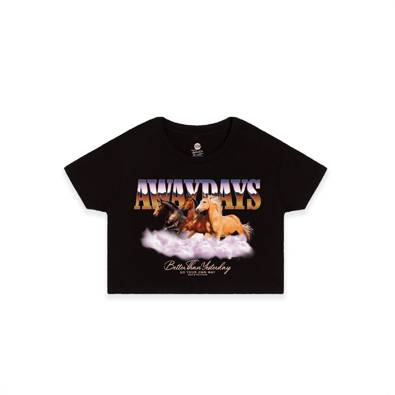 Front view of a black
 crop top featuring chrome 'AWAYDAYS' text, three horses running on a cloud and gold 'Better than yesterday' text.