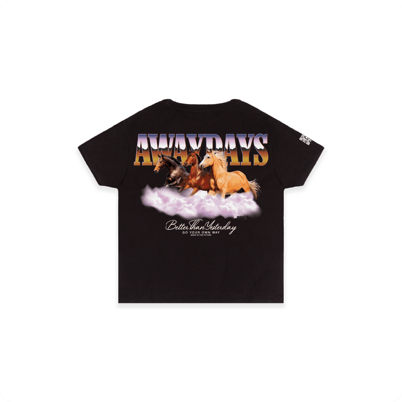 Rear view of a black high waisted t-shirt featuring chrome 'AWAYDAYS' text, three horses running on a cloud and gold 'Better than yesterday' text.