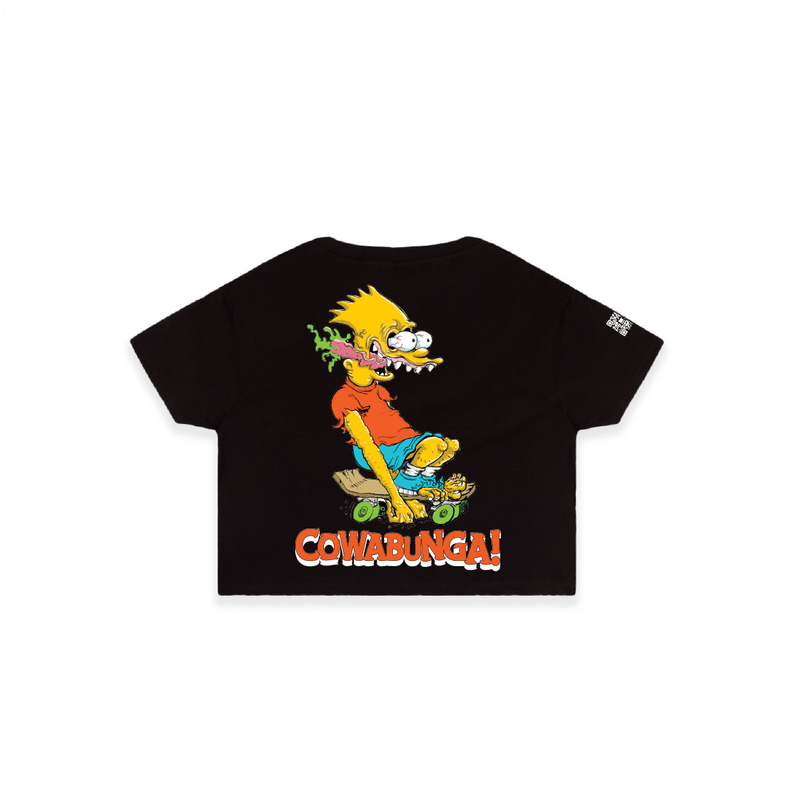 Rear view of a womens black crop top with a screaming Bart Simpson on a white background
