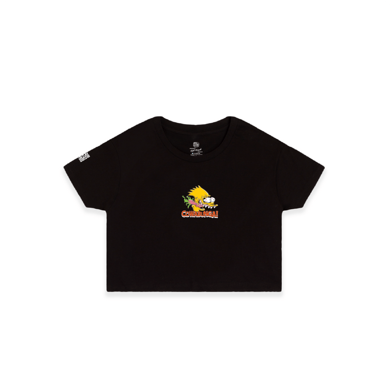 Front view of a womens black crop top with a screaming Bart Simpson head on the chest against a white background