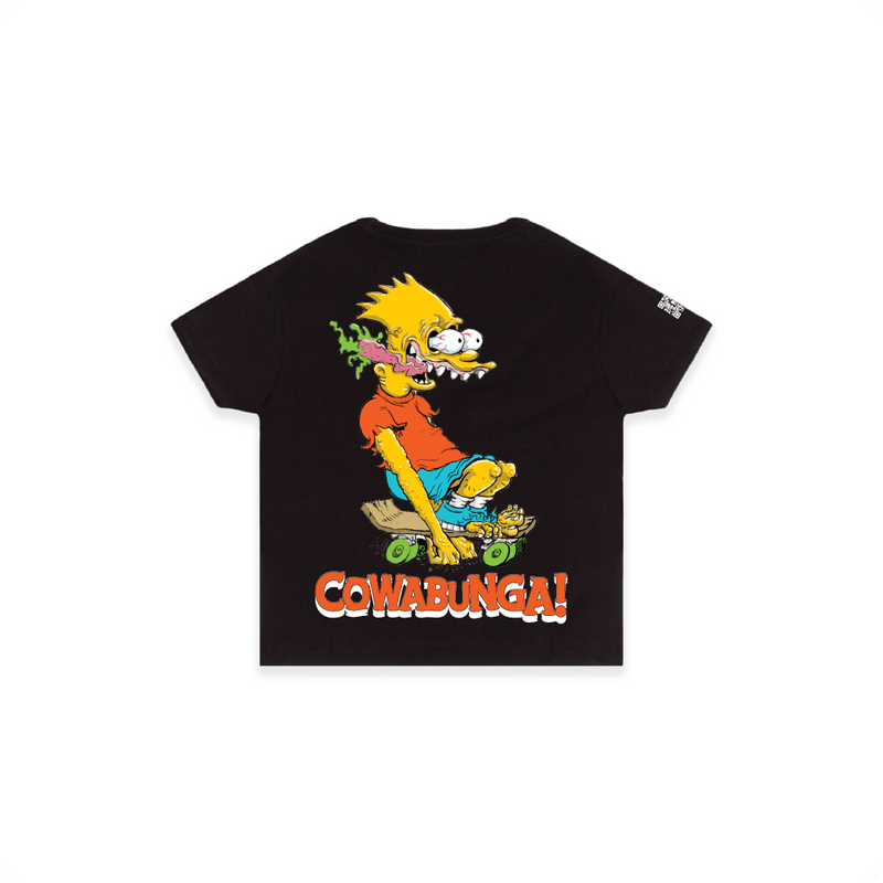 Rear view of a womens black high waisted tee with a screaming Bart Simpson on a white background