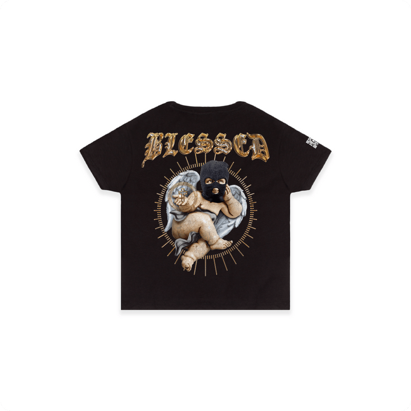 Rear view of a women's black high waisted tee shirt with a cherub graphic and gold "Blessed" text on a white background