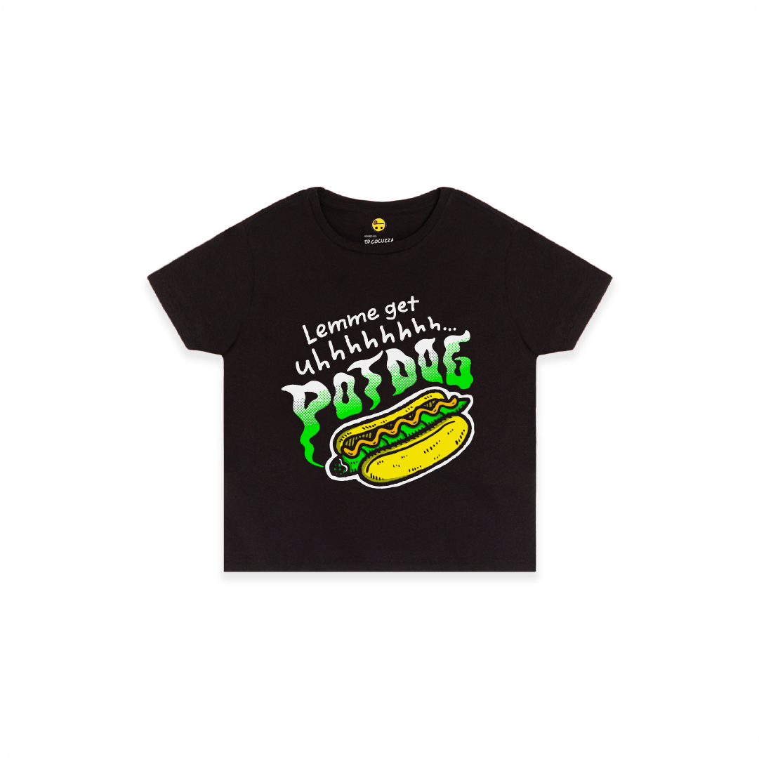 Black Front view of a women’s high waist graphic design showcasing a single hot dog with green smoke accents and bold text reading “Lemme get uhhhhhh… POTDOG” on the front, on a white  background.