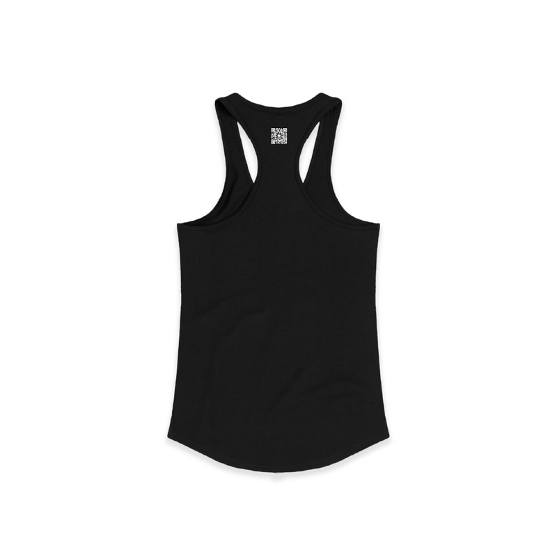 Black tank top with a QR code on the back against a white background