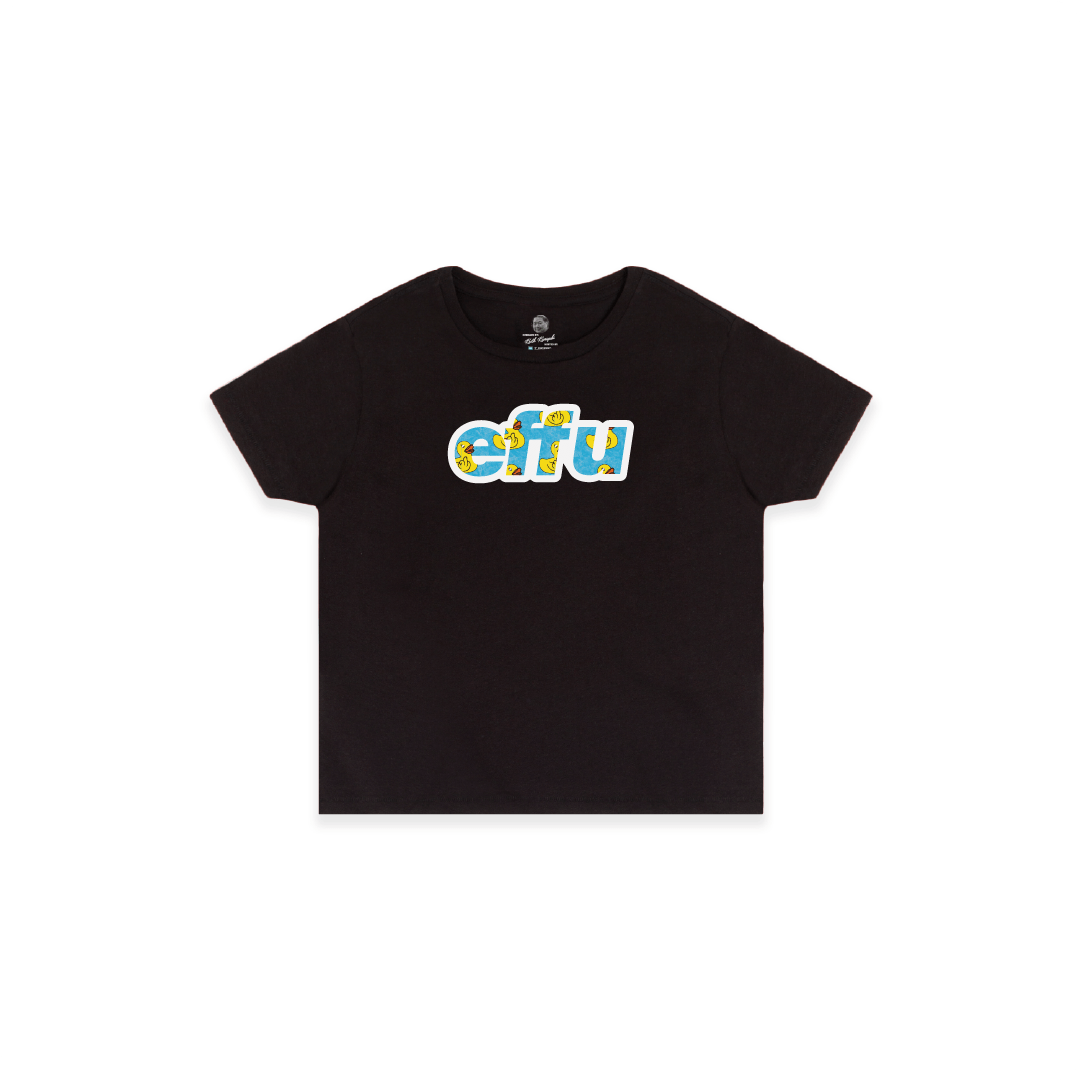 Womens black high waisted t-shirt with cyan 'effu' text design on a white background