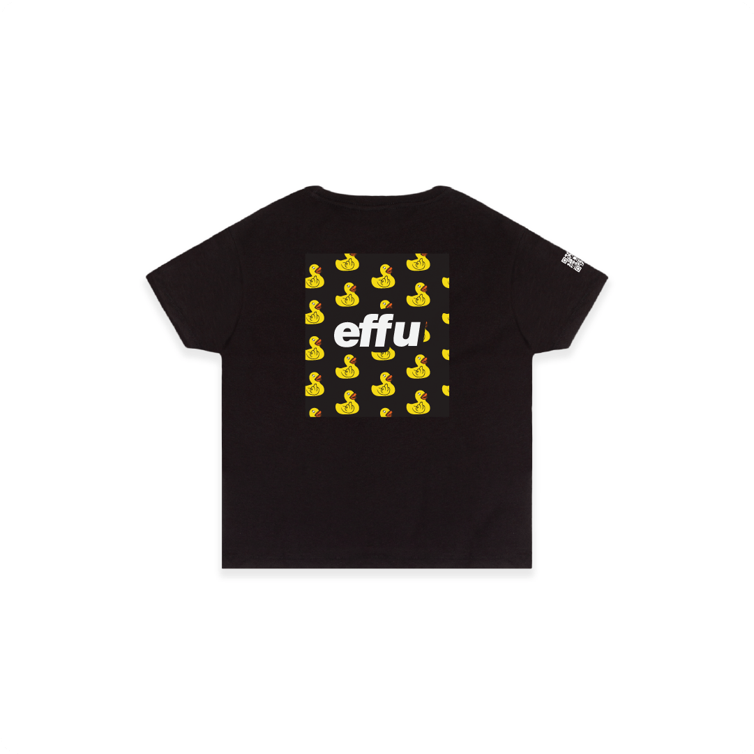 Rear view of a womens black high waisted t-shirt with black square design featuring yellow rubber ducks and 'effu' text on a white background.